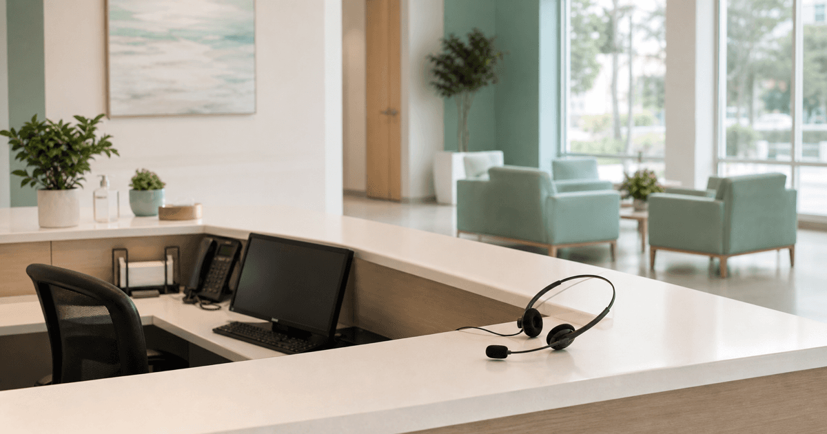 A calm medical front desk with a phone system handling patient calls