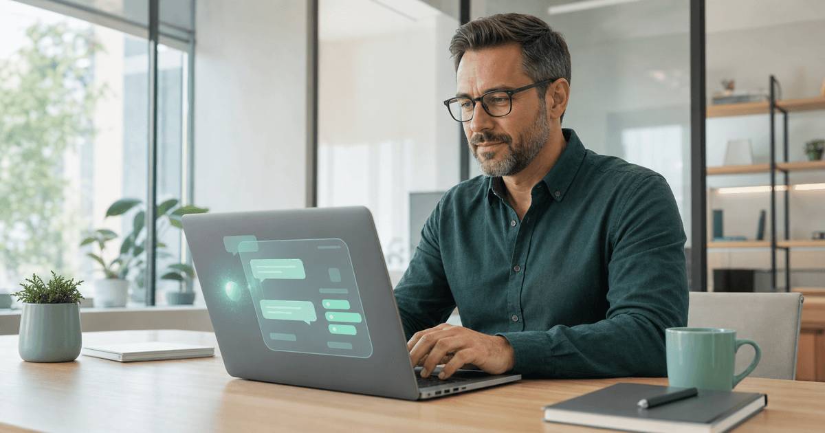 A business owner configuring a custom AI assistant on a laptop