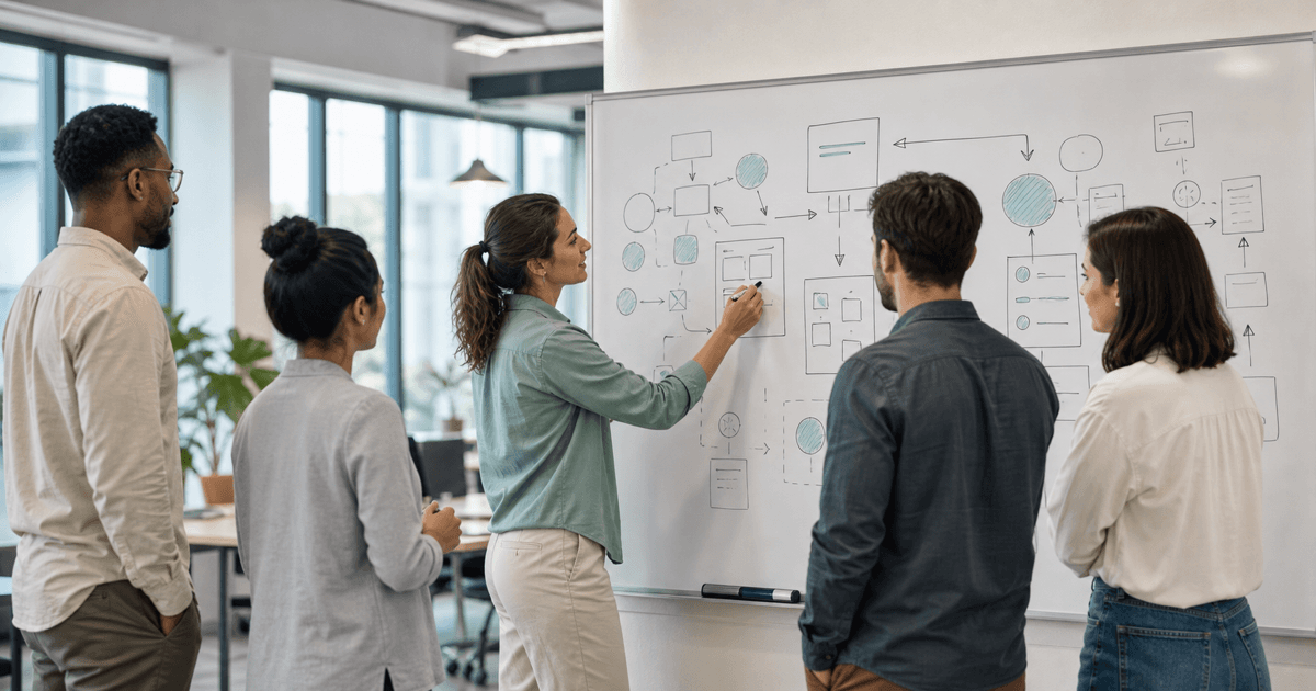 A small team planning AI automation projects around a whiteboard