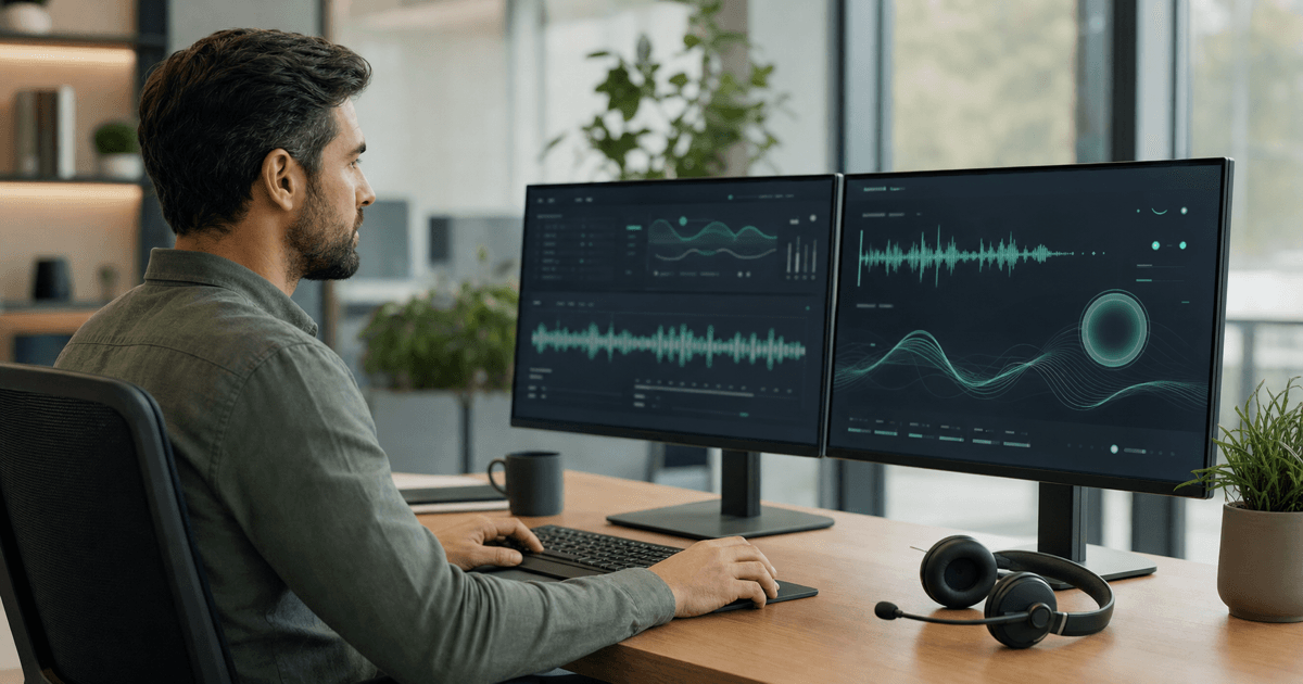 An engineer configuring an AI voice agent on a dual-monitor workstation