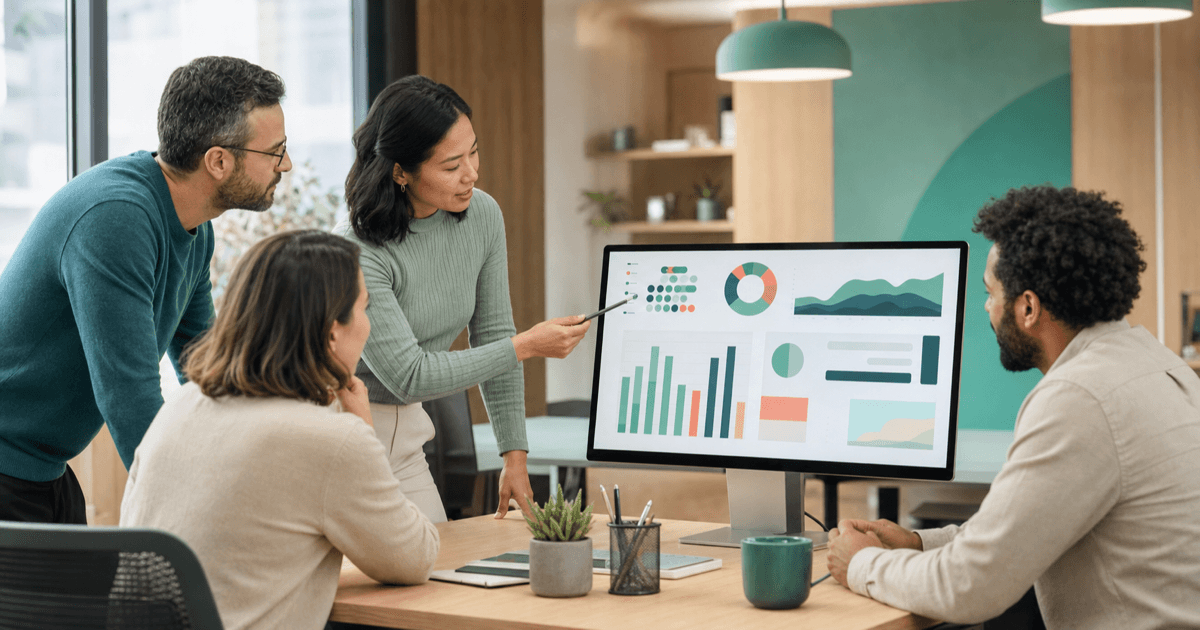 A product team reviewing a SaaS dashboard on a large monitor