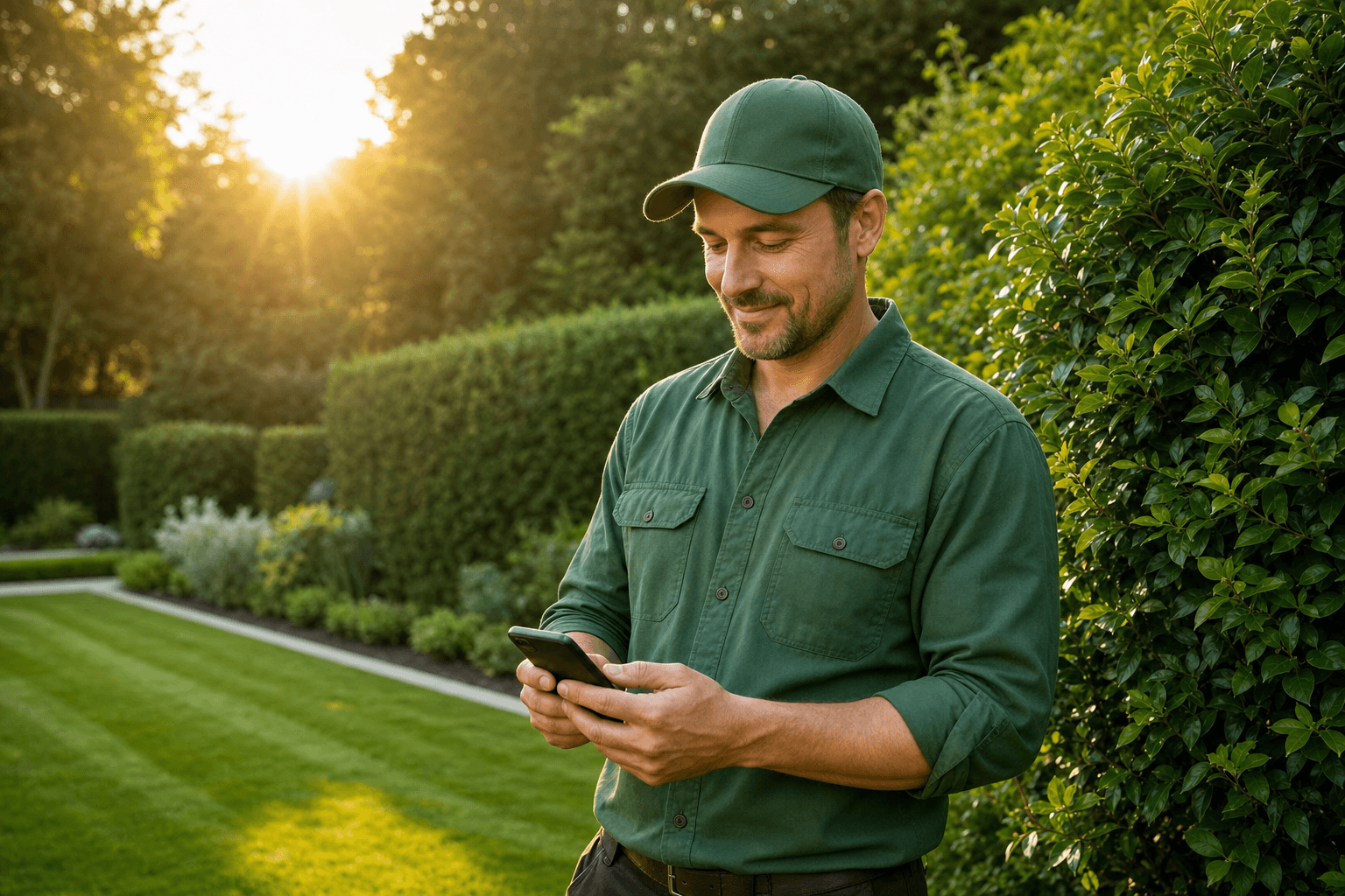 Landscaper checking new leads on his phone in a manicured garden at golden hour