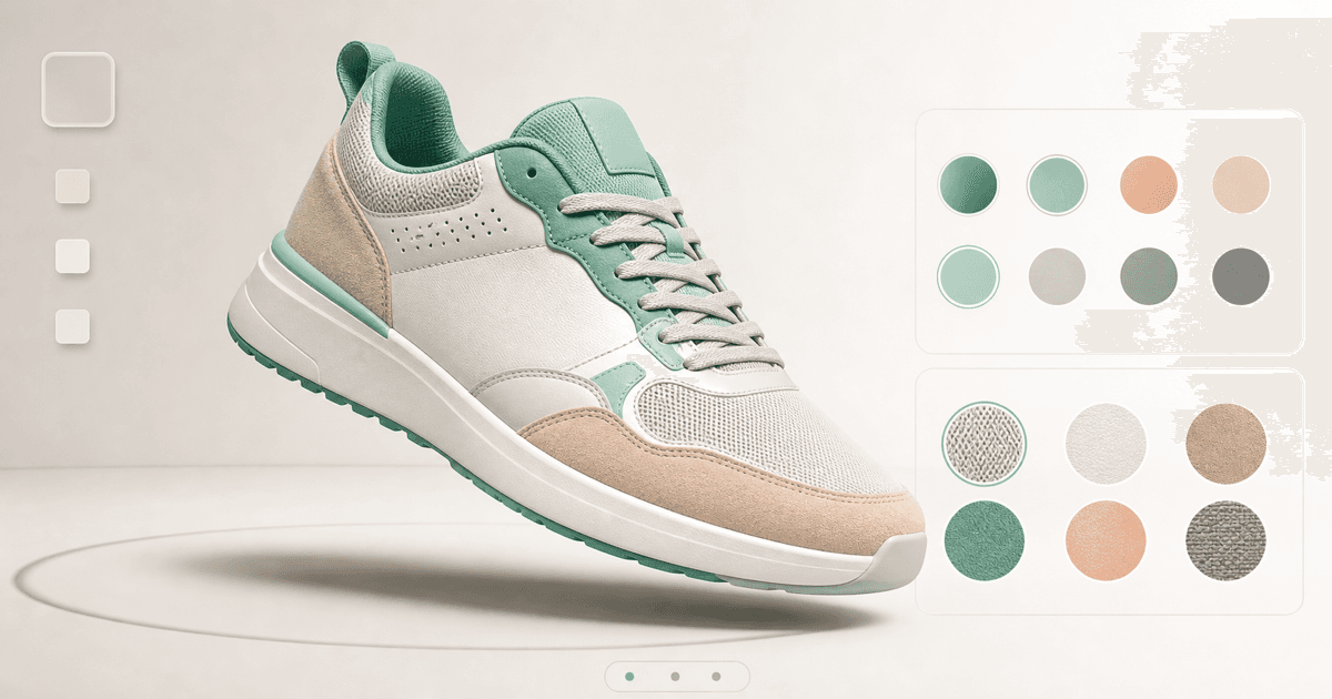 A customizable 3D product rotating on a clean product page with color and material options
