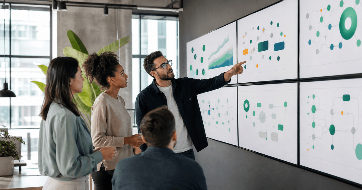 A small operations team reviewing automated workflows on a wall of screens