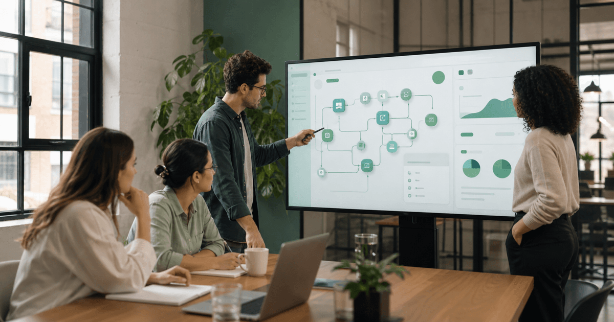 A team reviewing an automated business workflow on a screen