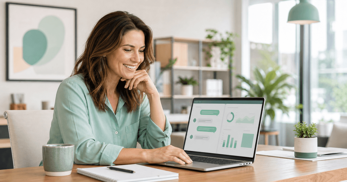 A business owner reviewing AI chatbot analytics on a laptop