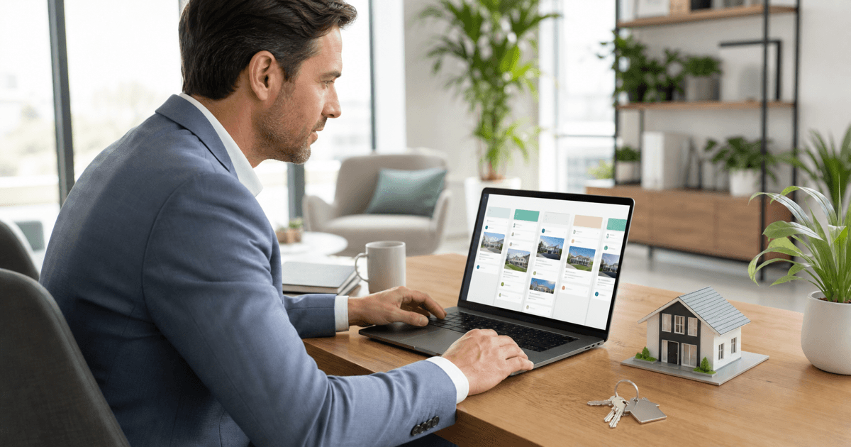 A real estate agent reviewing qualified leads flowing into a CRM dashboard