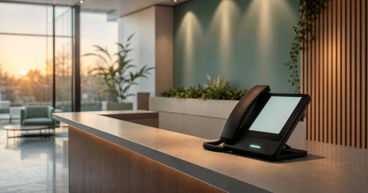 A front-desk phone at an empty reception desk answering calls automatically