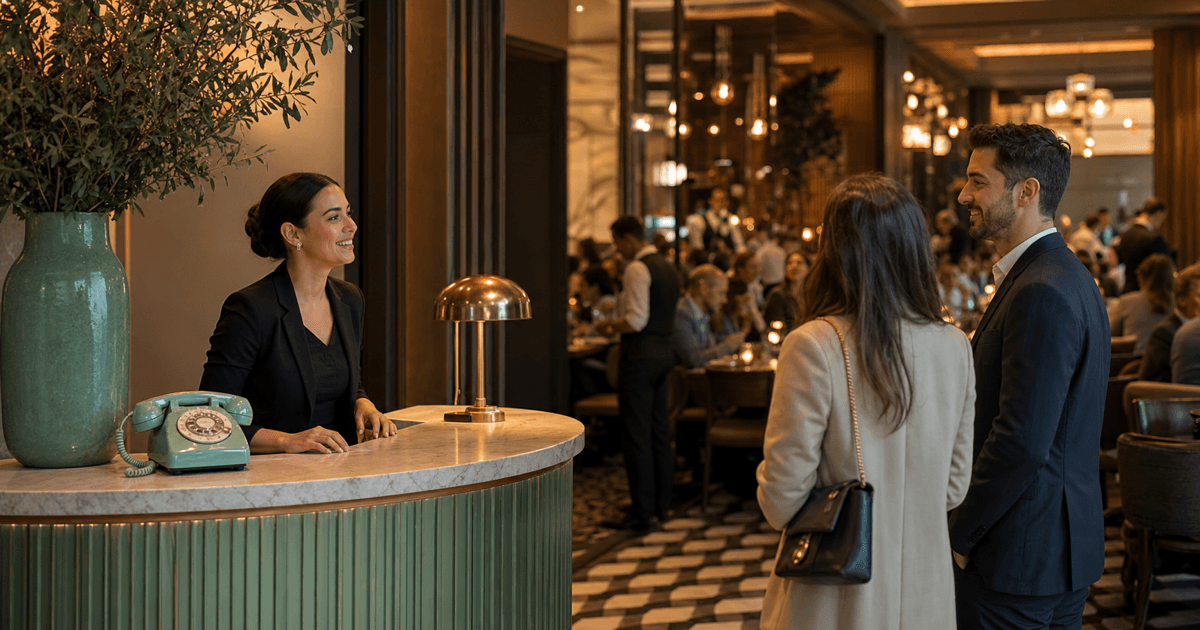 A busy restaurant host stand with a phone ringing during service