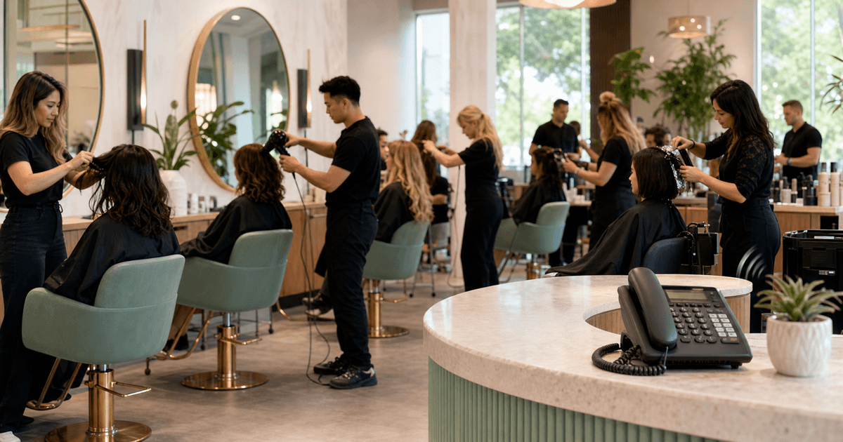 A busy salon floor with stylists working while the front desk phone rings unanswered
