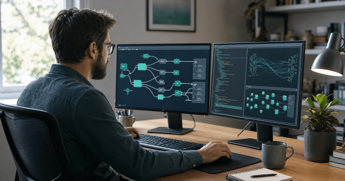 A developer designing an API architecture on a screen with endpoints and data flows