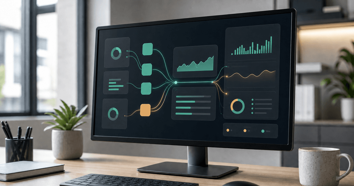 A business operations dashboard showing several connected software tools syncing data
