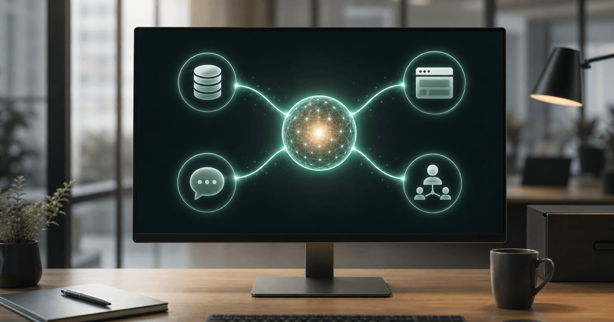 A hub connecting an AI agent to many business tools and data sources on a screen