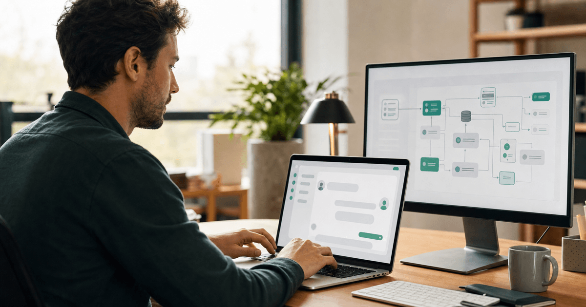 A developer building a chatbot interface on a laptop with a knowledge base diagram