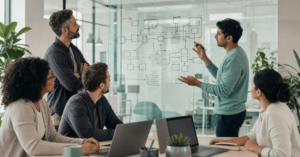 A founder and a software team reviewing an architecture diagram on a whiteboard