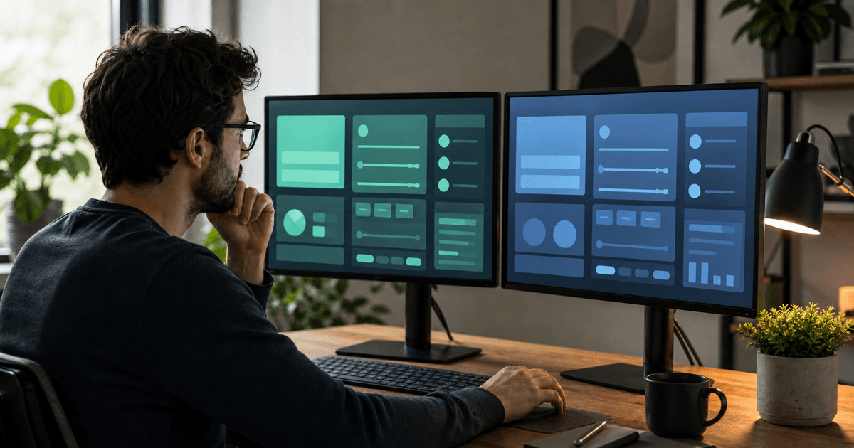 A developer studying a chatbot configuration on two screens