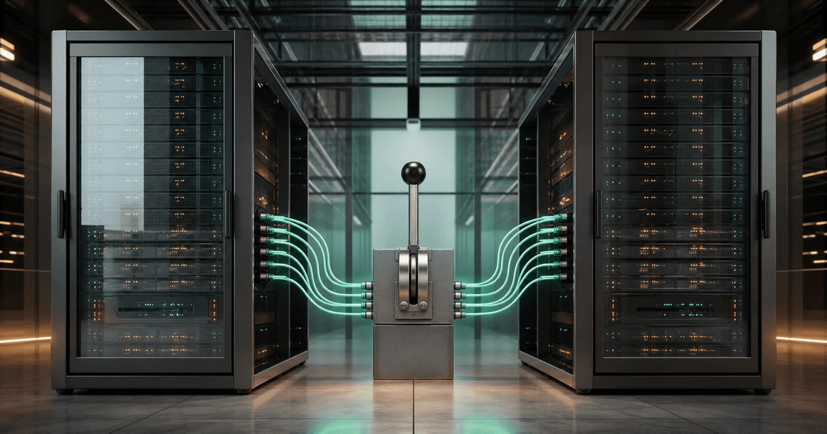 Two database servers connected by a data pipeline with a live traffic switch between them