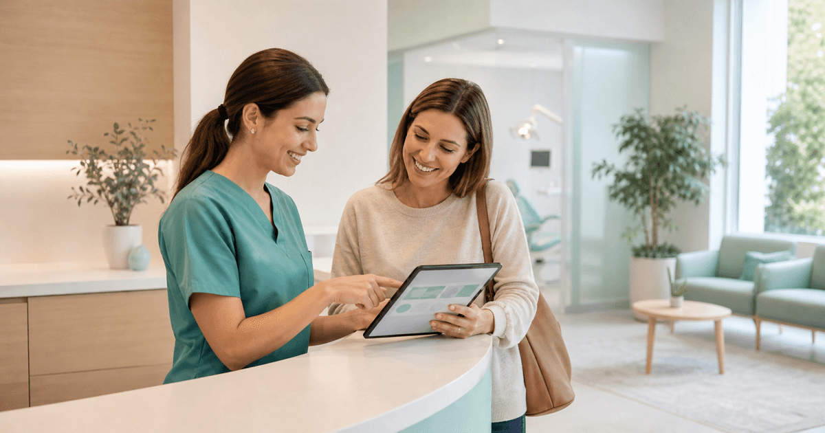 A modern dental practice reception with a patient booking online