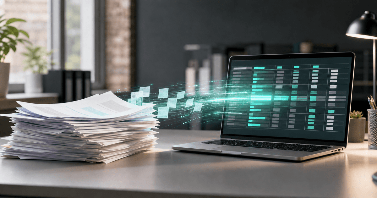 A stack of paper documents transforming into structured data rows on a screen
