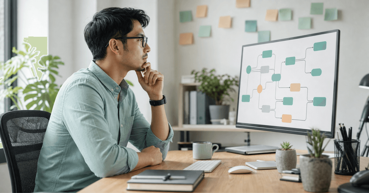 A marketer reviewing a branching email automation flow on a screen