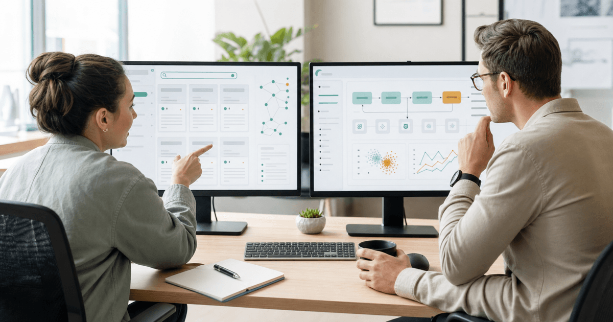 Two engineers comparing an AI knowledge base and a model training pipeline on screen