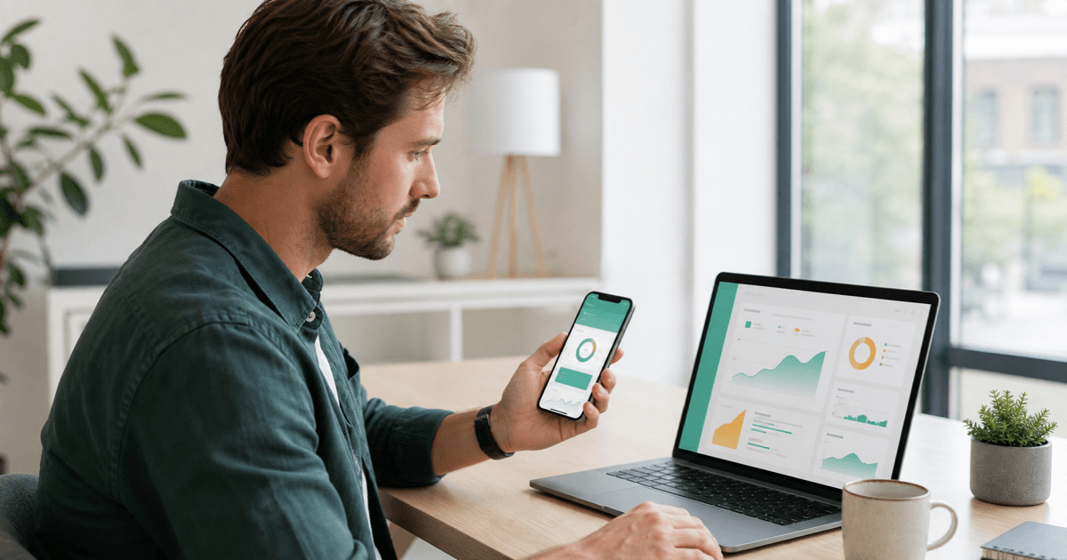 A founder comparing a mobile app design and a web app dashboard on two screens