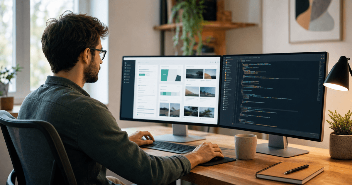 A developer building a website with a content dashboard and code editor side by side