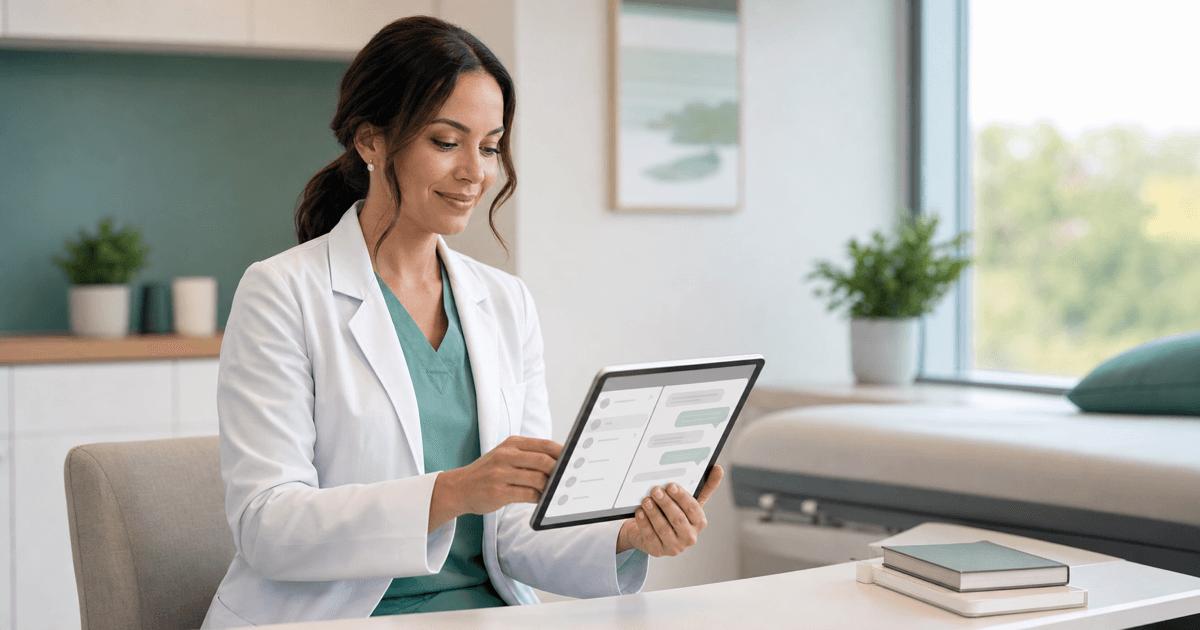 A healthcare professional reviewing a secure patient chat interface on a tablet in a clinic