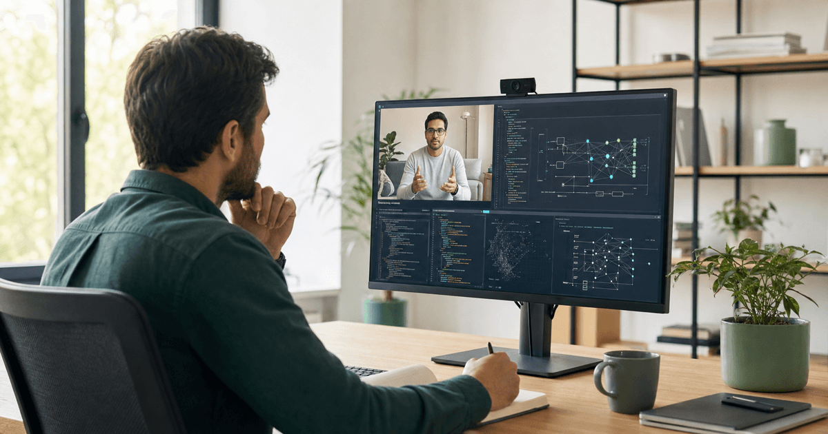 A founder interviewing an AI developer with model architecture diagrams on screen