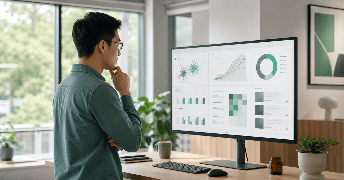 An AI engineer reviewing model evaluation results on a monitor in a modern office