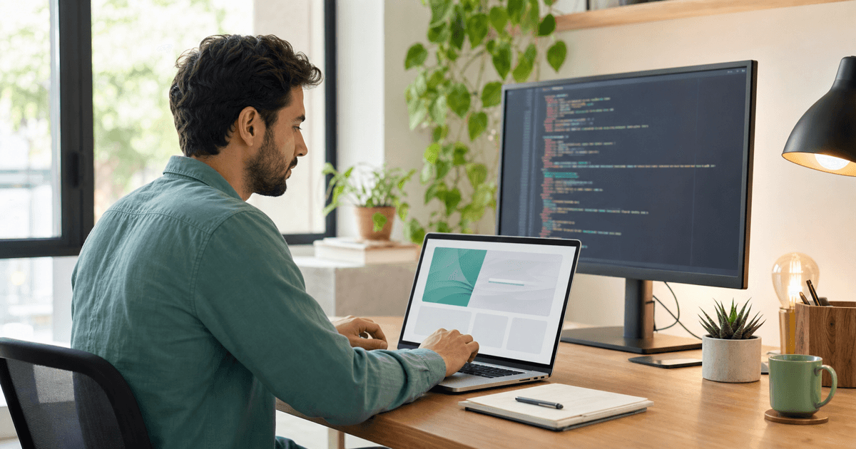 A developer reviewing a Next.js application on a laptop in a bright office