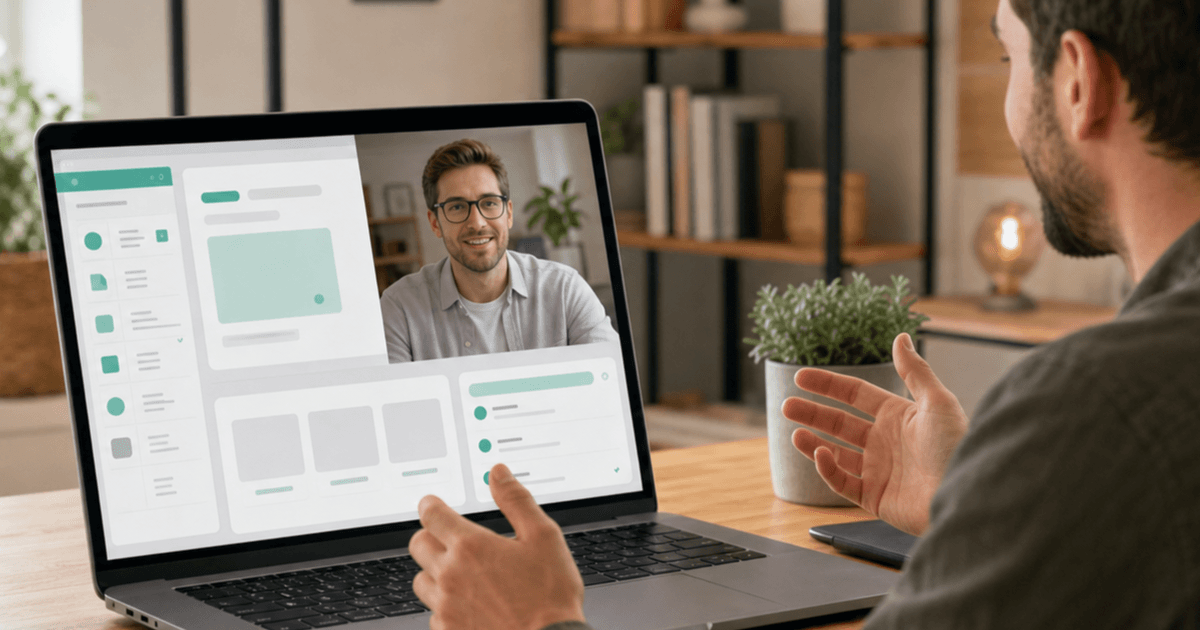 A founder interviewing a Vue.js developer over a video call with a component tree on screen
