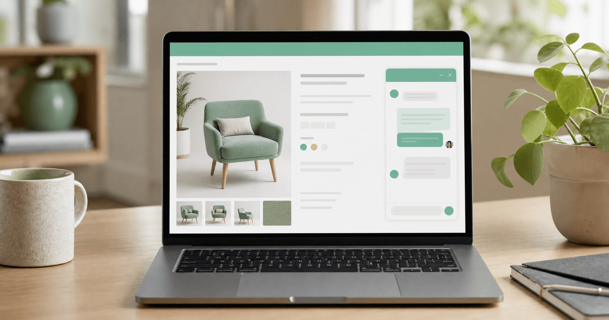 An online store on a laptop with a chat window helping a shopper