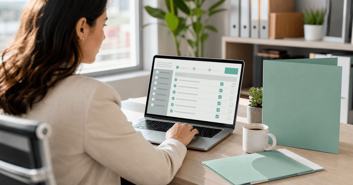 An HR manager reviewing an automated onboarding checklist on a laptop