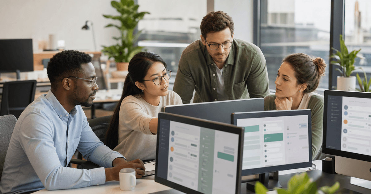 A support team comparing customer messaging dashboards on several screens