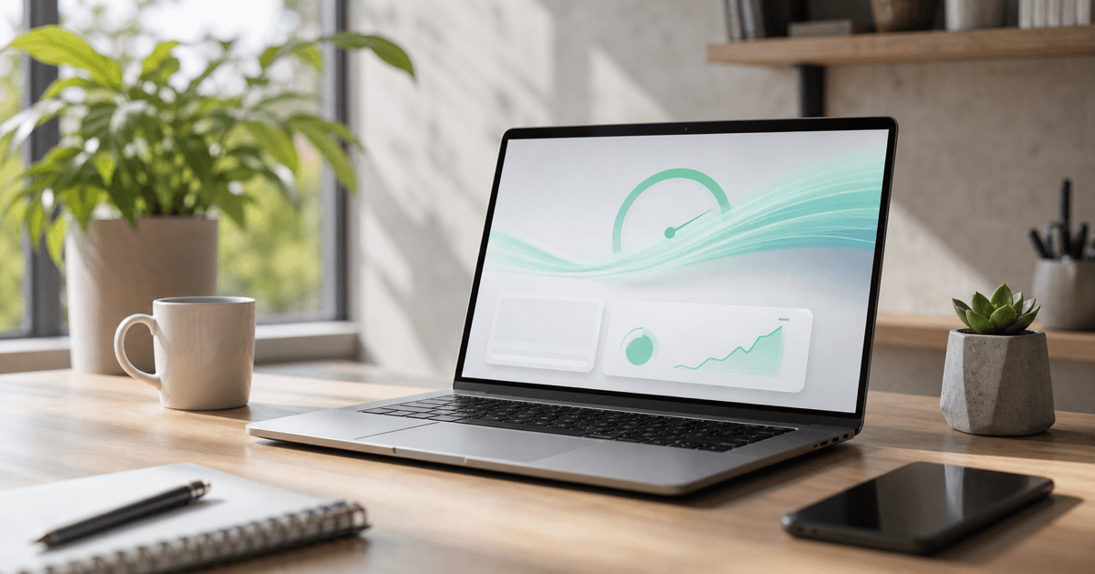 A fast-loading modern website shown on a laptop with performance metrics