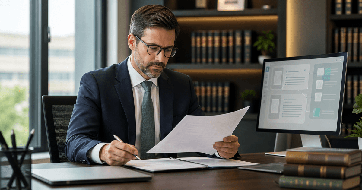 A lawyer reviewing documents with an AI assistant citing real sources