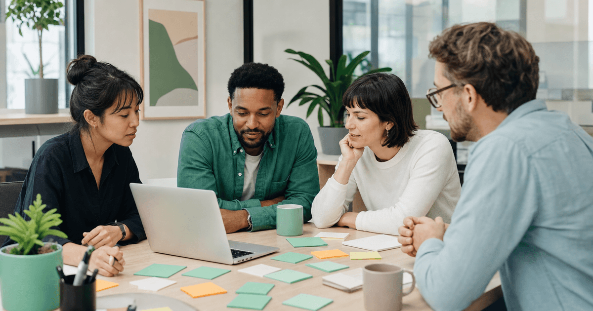 A team planning a software migration around a table