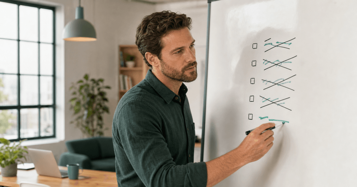 A startup founder mapping out an MVP feature list on a whiteboard