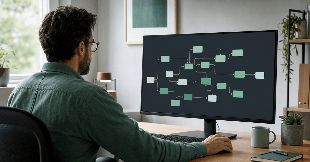 An automation consultant building a self-hosted n8n workflow on a large monitor