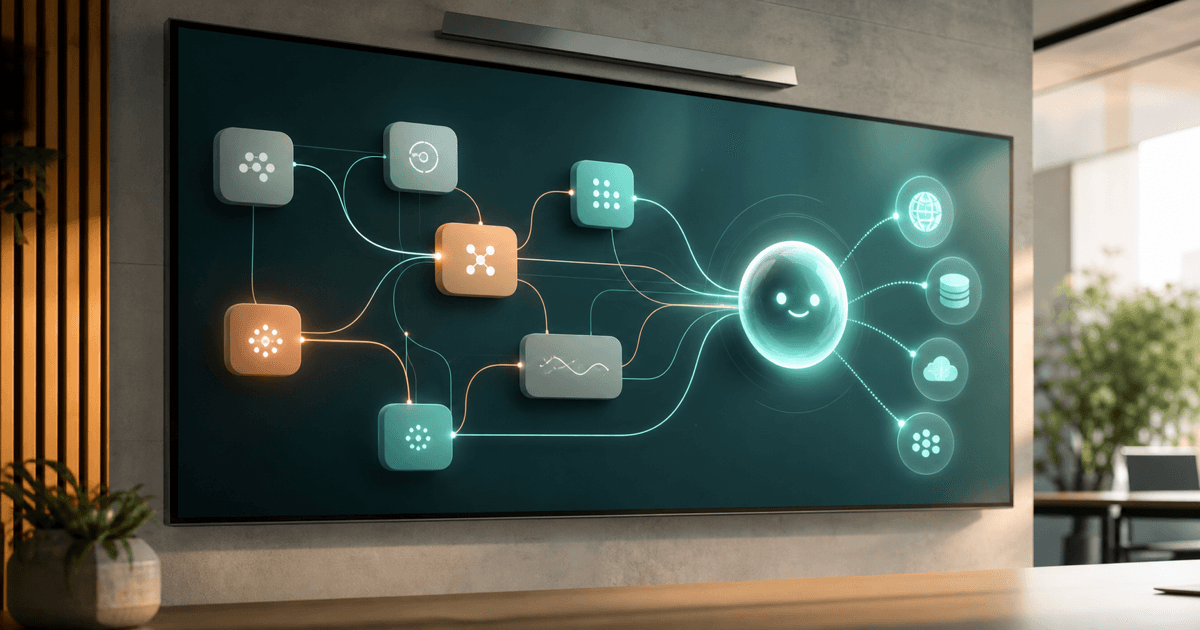 A workflow automation canvas connected to an AI agent as callable tools