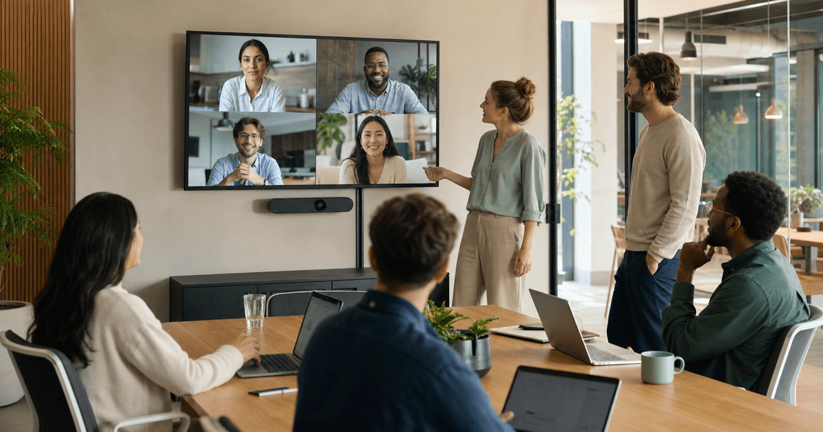 A distributed software team collaborating over a video call across two time zones