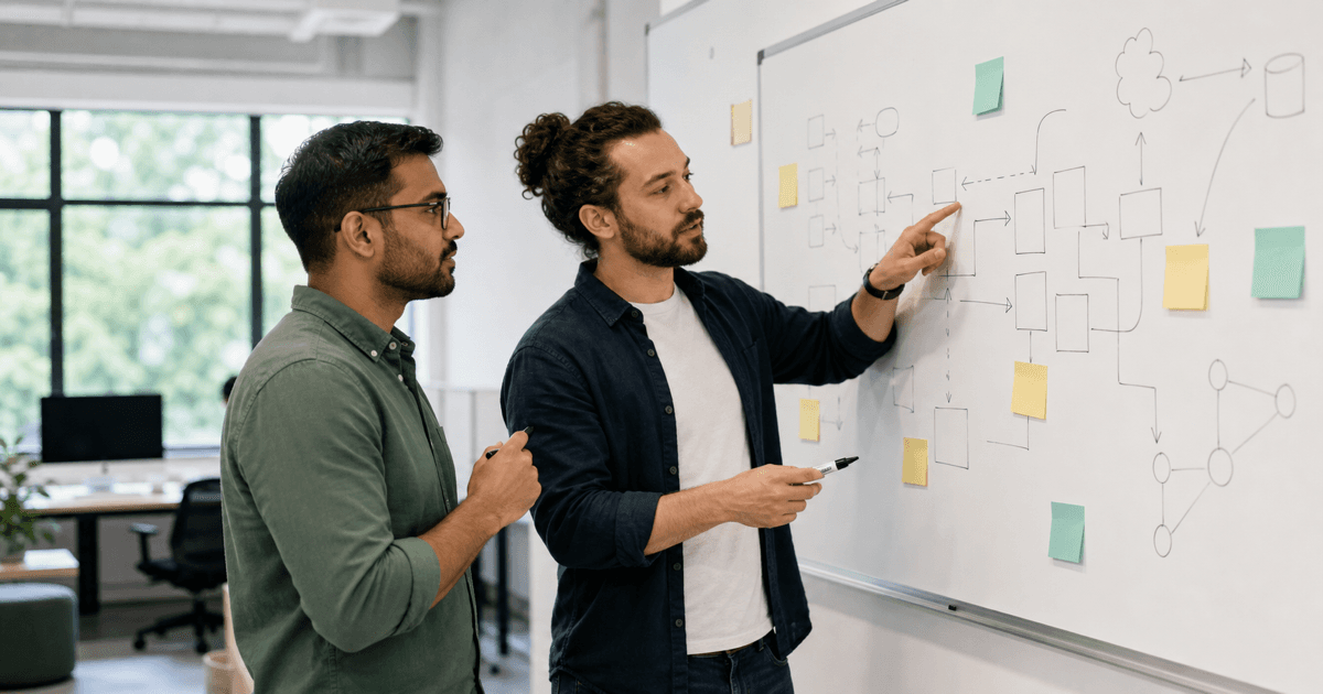 Two developers comparing web framework architecture on a whiteboard