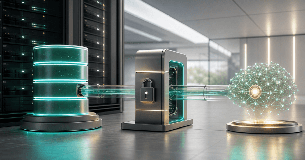 A database server connected to an AI agent through a controlled gateway
