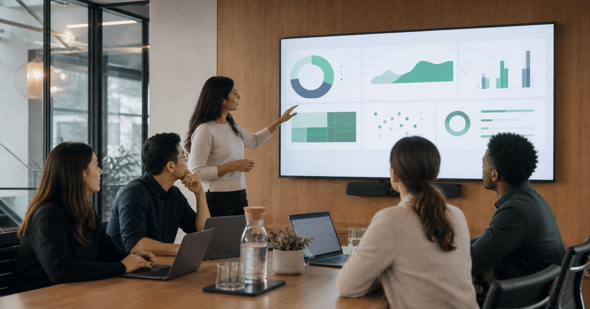 A product team reviewing a SaaS dashboard on a large screen in a meeting room