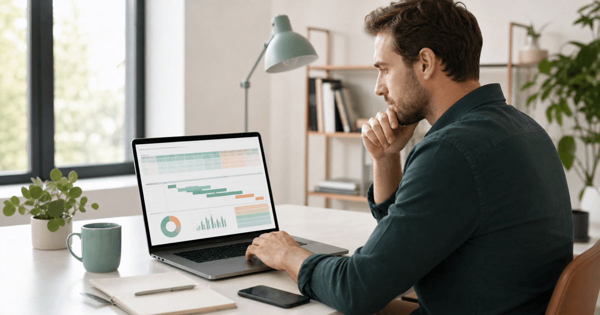 A founder reviewing a SaaS product roadmap and budget on a laptop