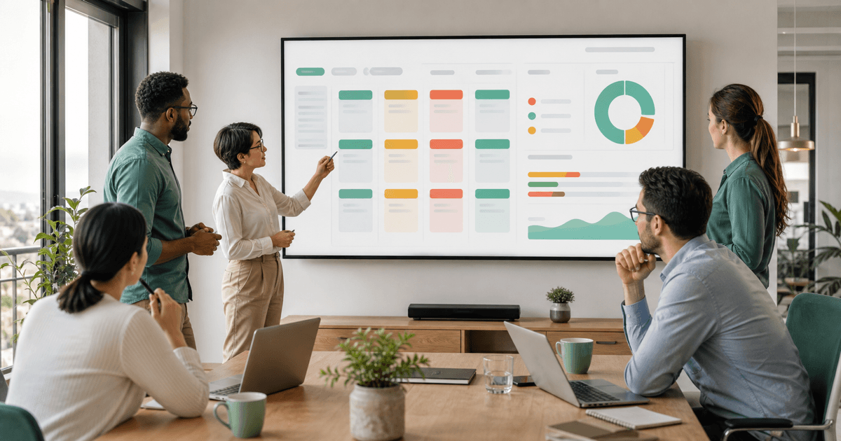 A sales team reviewing a pipeline dashboard on a wall screen in an office