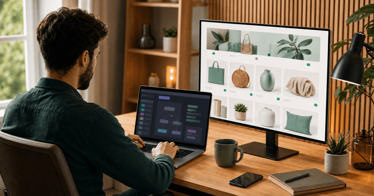 A developer building a custom Shopify app on a laptop next to a storefront on a second monitor
