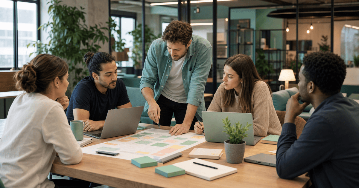 A startup founder reviewing a product roadmap with a small development team