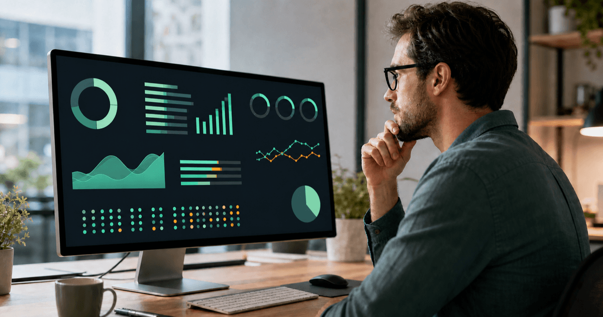 An engineer reviewing a codebase health dashboard on a large monitor